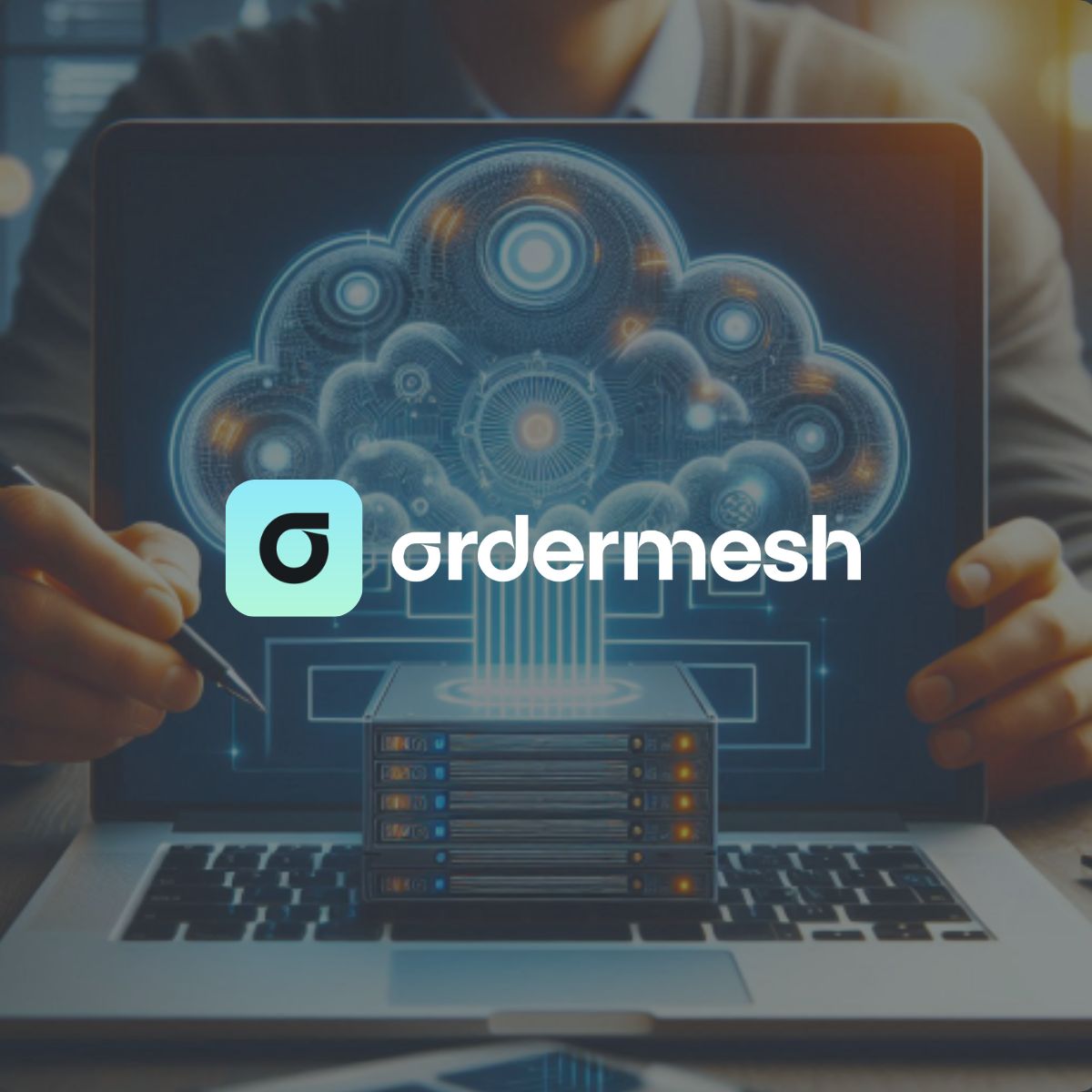 Diagram illustrating OrderMesh connecting brands, marketplaces, and print-on-demand vendors through a centralized order management platform