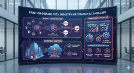 Graphic illustrating the 2025 Print-on-Demand industry landscape, highlighting trends in market consolidation, enterprise adoption, and operational discipline.